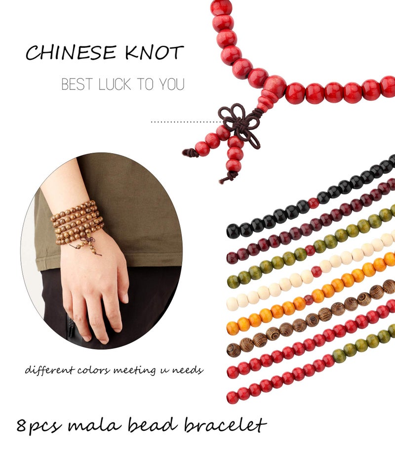 LOYALLOOK 8Pcs 108 Mala Bead Bracelets 8MM Tibetan Buddha Wood Beaded Sandalwood Link Wrist Necklace Chain Bracelets Multilayer Buddhist Prayer Strand Bracelet Meditation Necklace Elastic Chinese Knot - Image 3
